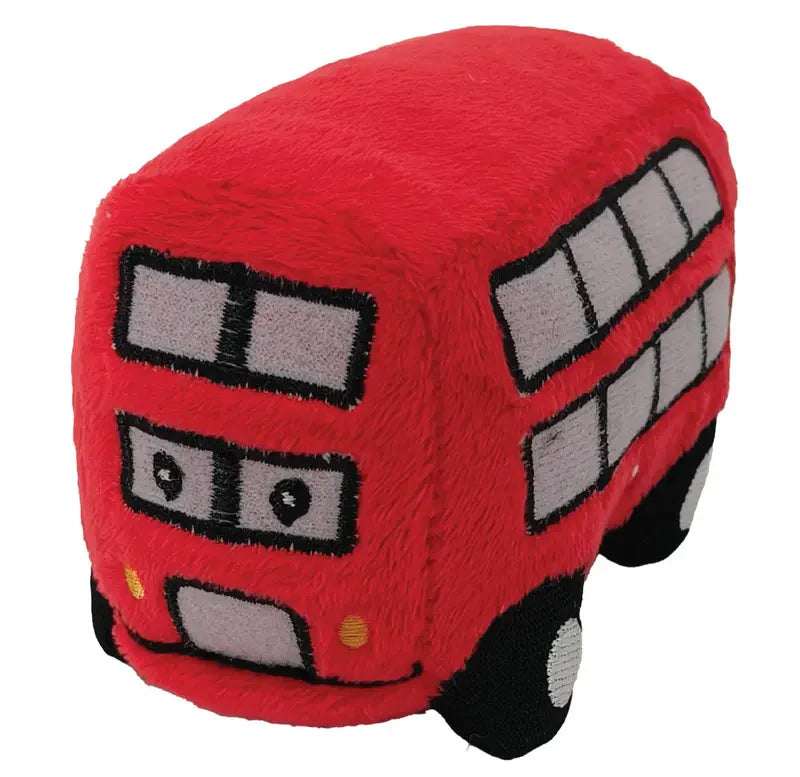 The Cute Commutes Bus Finger Puppet is a plush red double-decker bus with embroidered windows, headlights, and wheels—ideal for storytelling or as a fun finger puppet to spark imaginative play.