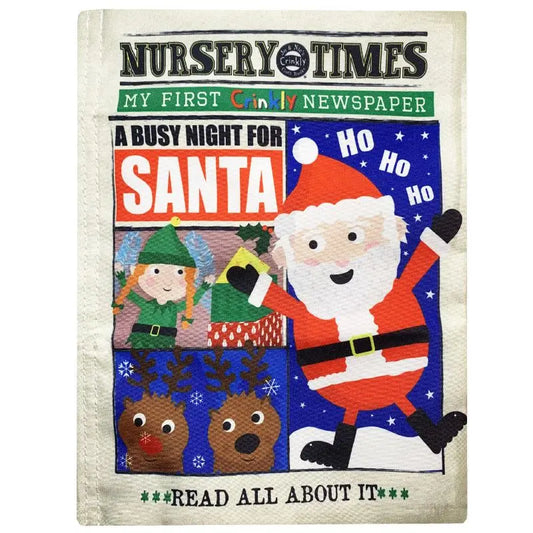The "Crinkly Cloth Book A Busy Night For Santa" features Santa waving, elves, reindeer, and the headline "A Busy Night for Santa," with stars and snowflakes—an ideal colorful, crinkly Christmas baby gift.
