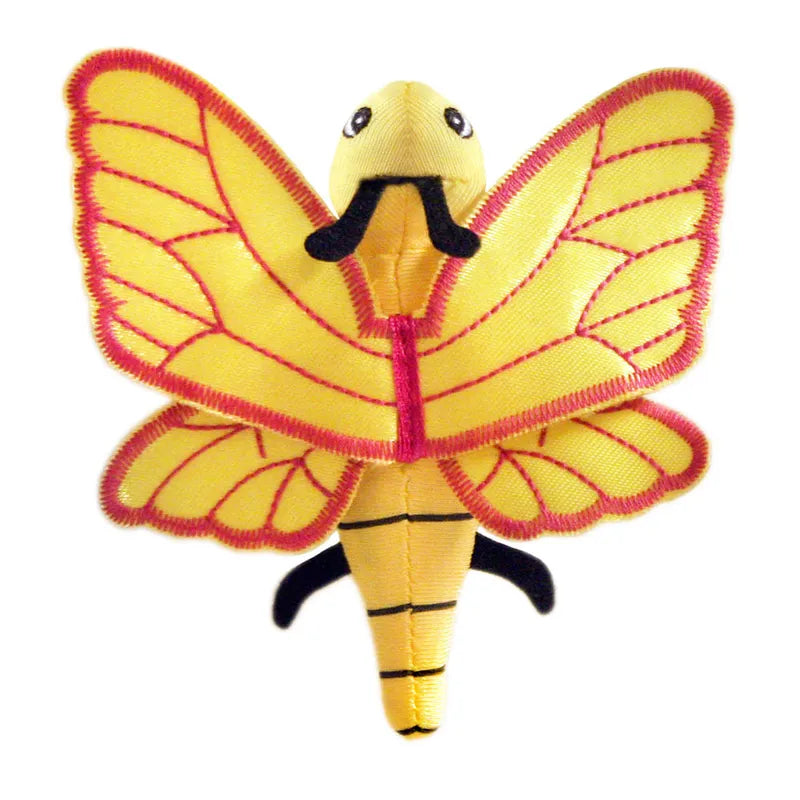 The Puppet Company Yellow Butterfly Finger Puppet is a whimsical plush toy, perfect for colorful storytelling. Its vibrant wings feature bright yellow with red outlines and stitching, while the yellow and black body and antennae inspire imaginative adventures.