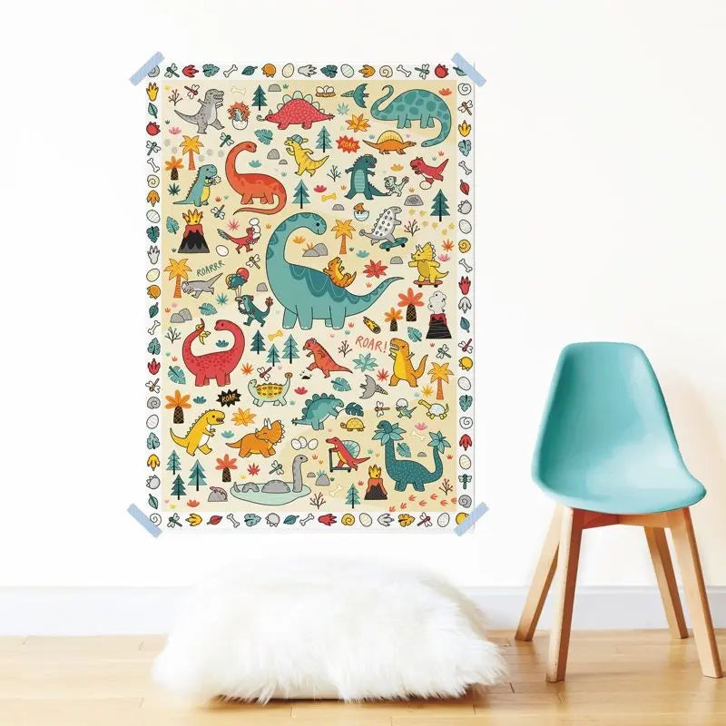 The Poppik Creative Sticker Poster (S) – Dinosaurs, featuring cartoon dinos, trees, and volcanoes, brightens the white wall. A modern teal chair and fuzzy white rug inspire kids’ creativity on the light wood floor.