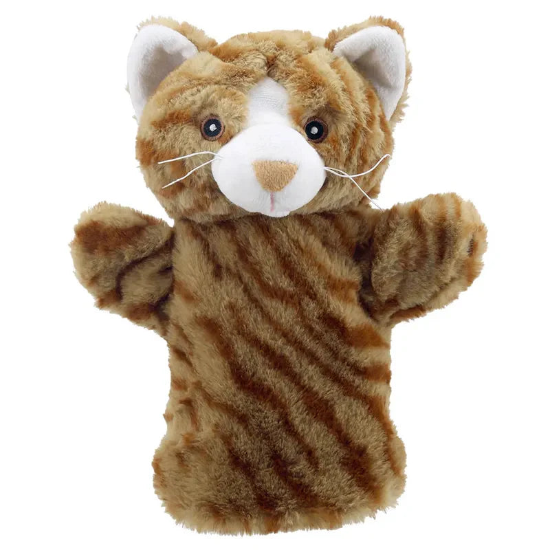 The ECO Puppet Buddies Cat Ginger Hand Puppet is designed to look like a cute brown tabby cat with white accents, perfect for imaginative play. Made from recycled materials, the puppet features large, round eyes, a white snout, and whiskers. Its front paws are slightly raised as if in a friendly greeting.