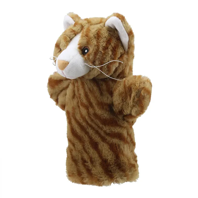 The ECO Puppet Buddies Cat Ginger Hand Puppet is a plush hand puppet designed to resemble a brown and white tabby cat with white whiskers and pink inner ears. Made from recycled materials, it features a soft, furry texture and floppy arms, making it perfect for imaginative play and children's storytelling.