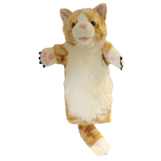 The Puppet Company Long Sleeved Puppet Cat is a plush orange and white hand puppet with pink paw pads, a fluffy tail, and outward-extending front paws, ideal for creative play and interactive puppet shows.