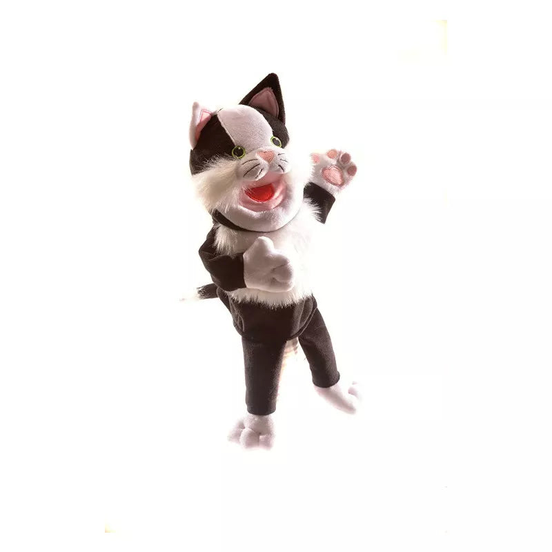 A fun and interactive kids' puppet show featuring a Fiesta Crafts Cat Hand Puppet in a suit.