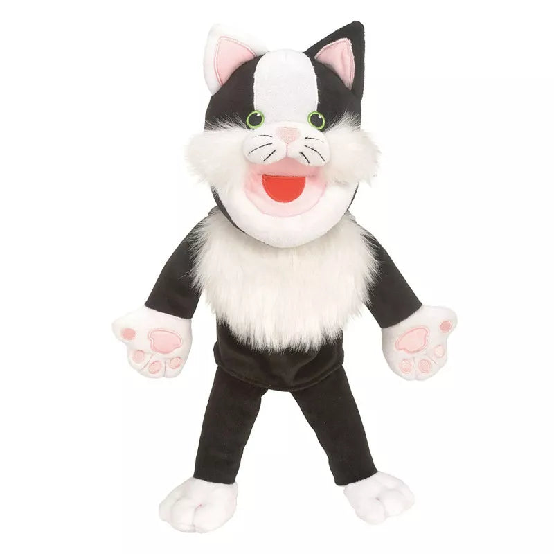 A black and white Fiesta Crafts Cat Hand Puppet perfect for puppet shows and entertaining kids.