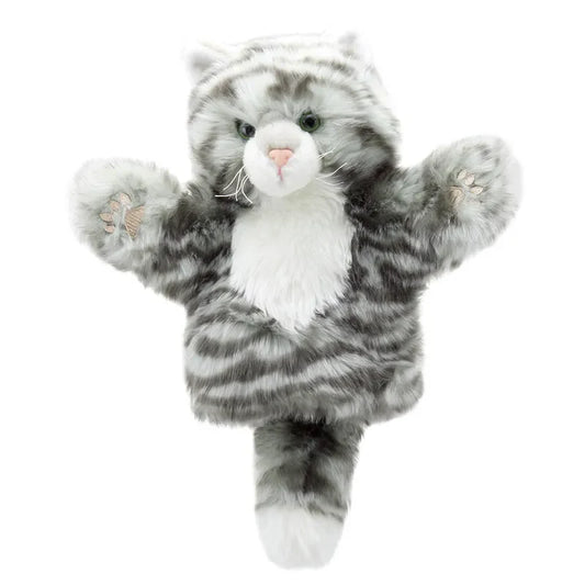 The Puppet Company CarPets Tabby Cat is a gray and white striped puppet with green eyes, a fluffy tail, and pink nose. With its arms wide open, it features a white belly perfect for storytelling or delighting cat lovers with its cute and inviting appearance.