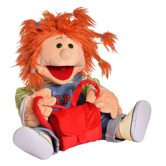 The Living Puppets Charlotta 65cm Hand Puppet features messy orange hair, a green striped shirt, blue overalls, and a red purse. Its wide open mouth and expressive eyes make it ideal for interactive play and showing facial expressions.