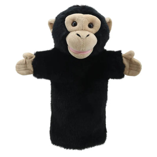 Introducing The Puppet Company Long Sleeved Puppet Chimp, a charming black and beige hand puppet. It features outstretched arms, a pink mouth, and large eyes that make it ideal for imaginative play. Its body is covered in soft black fabric for a delightful tactile experience.