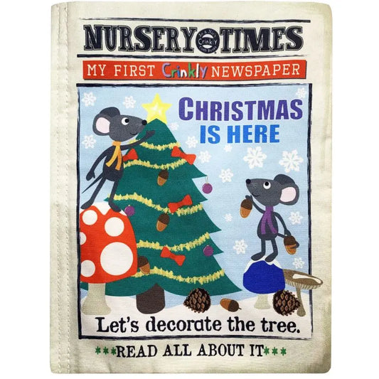 The Crinkly Cloth Book Christmas Mice features festive mice decorating a tree with ornaments, mushrooms, and pinecones. Text reads: "Christmas is here. Let's decorate the tree. Read all about it!" A perfect gift for babies.