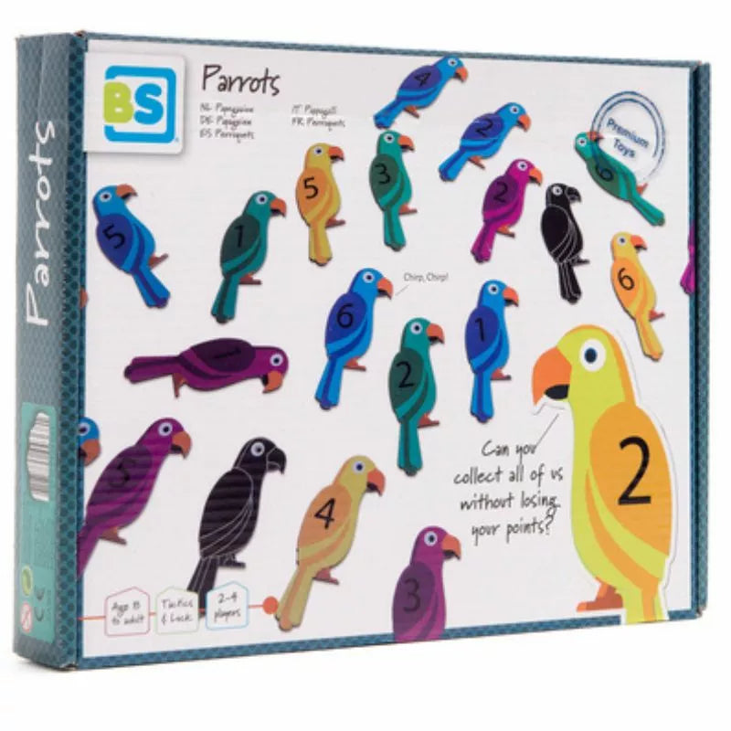 The Buitenspeel Parrots Collection Game is a vibrant children's game box showcasing cartoon parrots in an exciting collection challenge. Each of the parrots, numbered 1 to 6, displays a unique color. The text on the box asks: "Can your tactics and speed collect all of us without losing your points?" This game is designed for children aged 3 and up and can be played by 2 to 4 players.