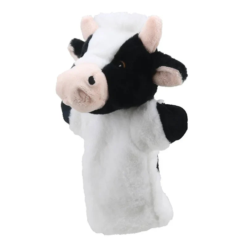 The ECO Puppet Buddies Cow Hand Puppet features a plush black and white design with a beige snout and ears, a white face stripe, and black eyes against a plain white background. Made from 100% recycled materials, this puppet boasts a soft, fluffy texture and is ideal for interactive or imaginative play and storytelling.