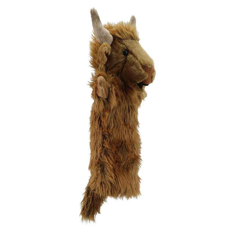 The Puppet Company Long Sleeved Puppet Highland Cow resembles a brown, furry animal with small horns and a mane. This puppet features a long, bushy body and is perfect for farm storybooks, designed to encourage creative and imaginative play as a storytelling prop.