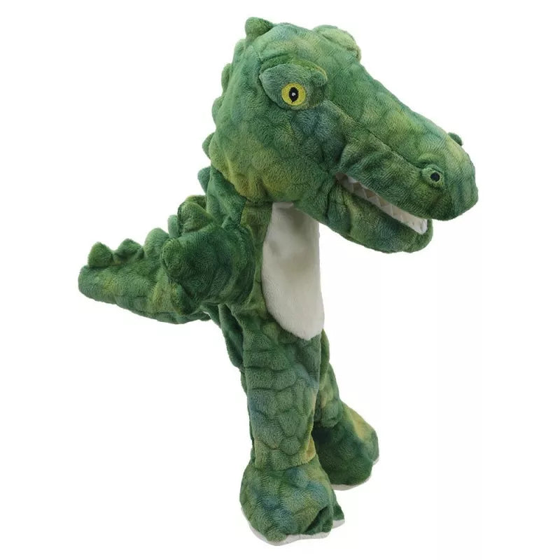 A kids puppet show featuring The Puppet Company's ECO Walking Puppet Crocodile set against a white background.