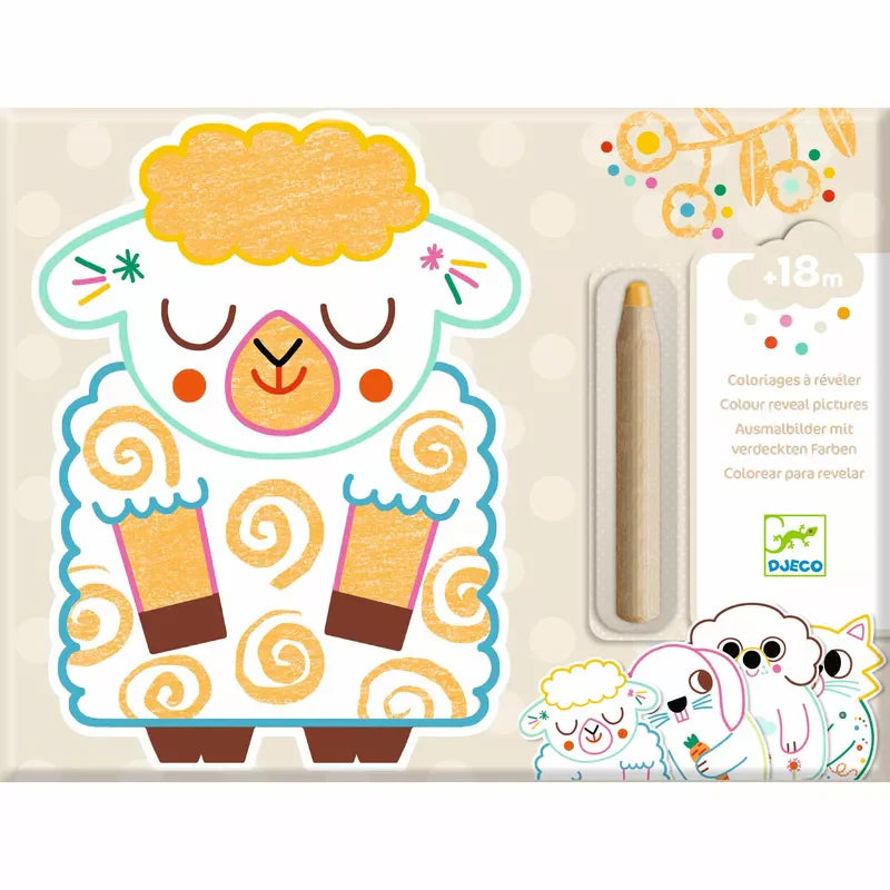 A Djeco Colouring Domestic animals toy box featuring a charming drawing of a sheep and equipped with a jumbo coloured pencil, suitable for children aged 18 months and above.