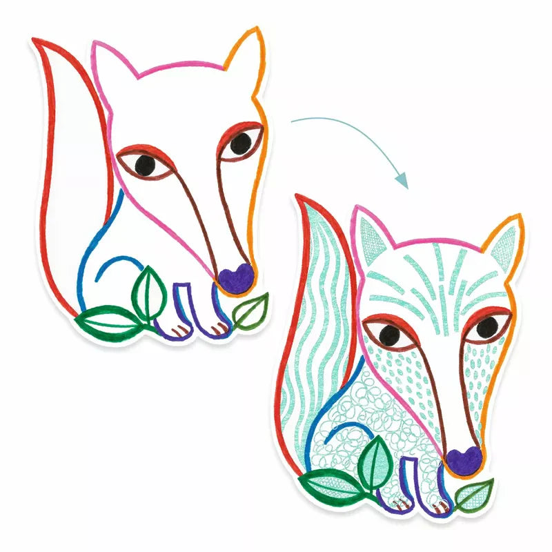 A vibrant drawing of a fox gracefully holding a single leaf, brought to life using the magical effect of Djeco Colouring Forest Friends from Djeco toy.