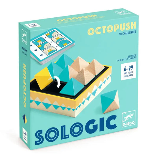 Introducing the Djeco Sologic OctoPush, an addictive geometric board game designed for ages 6 to 99. This box includes colorful pyramids and offers 90 challenges, ideal for enhancing your logic and deduction skills.