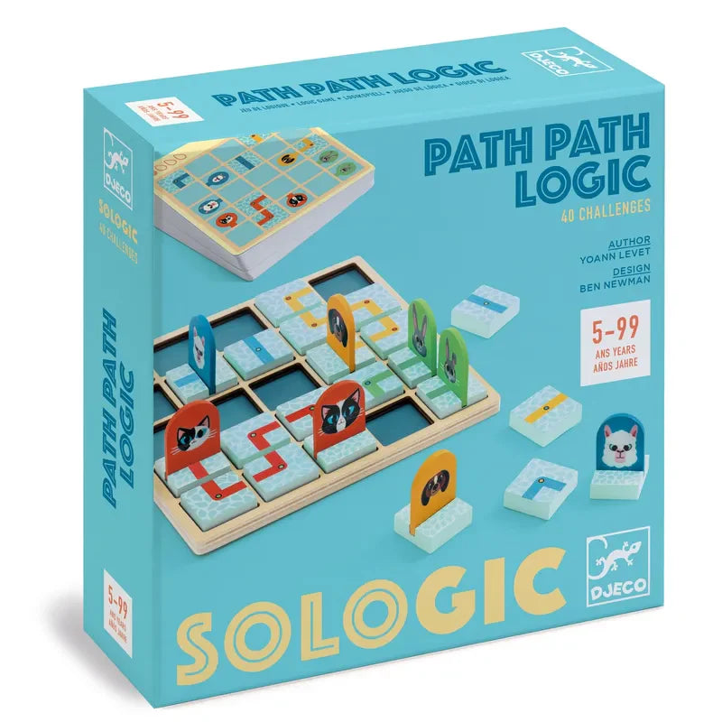 The image depicts the box of a puzzle game named "Djeco Sologic Path Path Logic." It contains a wooden grid, path tiles, and animal tokens. The packaging emphasizes that it offers 40 challenges and is suitable for ages 5 to 99.