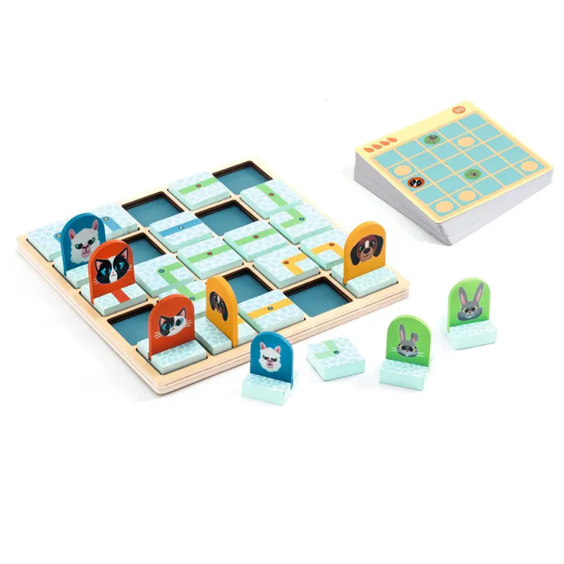 Introducing the Djeco Sologic Path Path Logic board game, which includes vibrant animal pieces such as cats and rabbits arranged on a wooden grid with path tiles. The game also features a stack of cards beside the board to enhance the strategic aspect of gameplay.