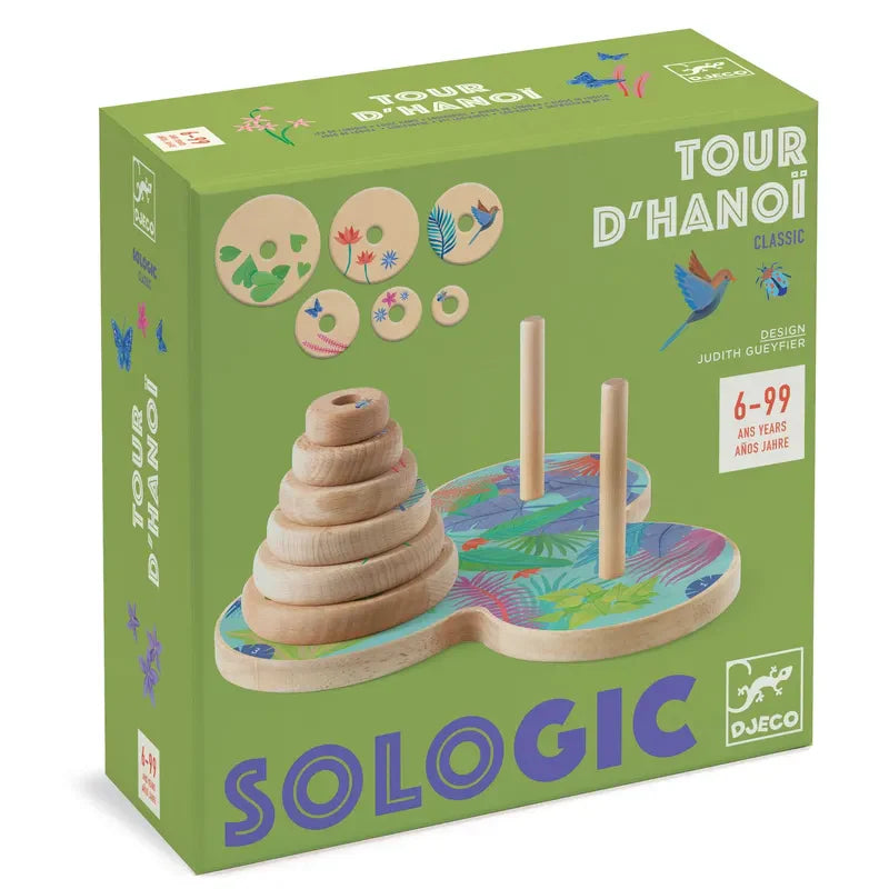 This colorful Djeco Sologic Tour d'Hanoï game, creatively crafted by Judith Gueyfier, combines patience and logic through its classic wooden rings and stands. Designed for ages 6 to 99, the packaging features decorative tropical motifs.