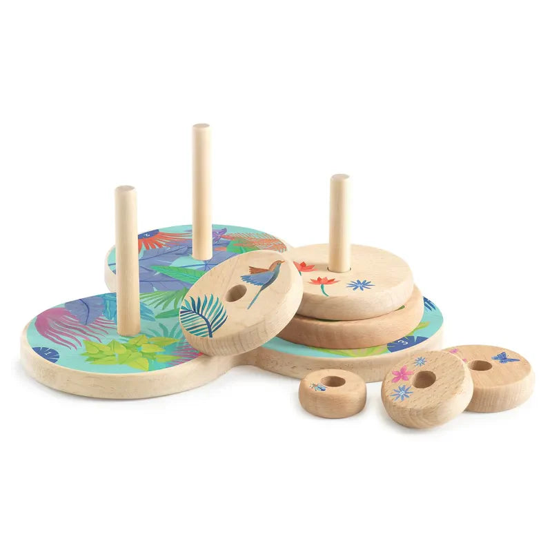 The Djeco Sologic Tour d'Hanoï is a traditional wooden game adorned with vibrant floral and bird motifs. This stacking toy features three rods and circular discs, crafted to boost patience and logic, elegantly showcased against a white background.