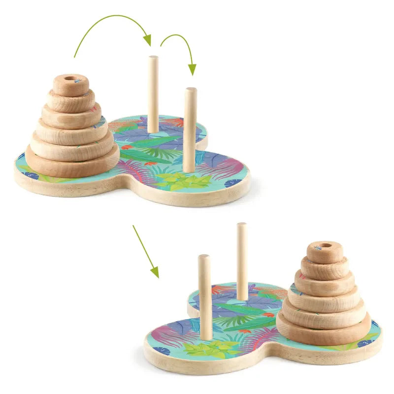 The images feature the Djeco Sologic Tour d'Hanoï, a traditional wooden game with a ring stacking puzzle set on a vibrant base. The first image shows rings arranged from largest to smallest on a single pole, while the second image depicts rings being partially redistributed across three poles, illustrating the skillful application of patience and logic.