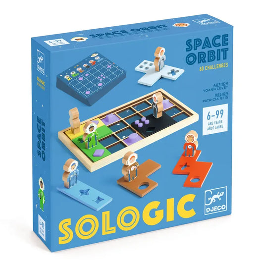 Box for the Djeco Sologic Space Orbit board game. This astronaut puzzle displays vibrant characters on various grids and features the phrases "40 increasing difficulty challenges" and "6-99 years" against a blue background.