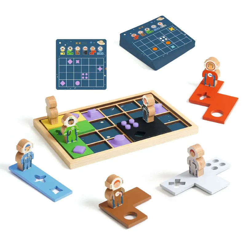 The Djeco Sologic Space Orbit is a wooden logic puzzle game that includes a space-themed board, colorful character pieces dressed in winter outfits, and various shaped tiles. It offers increasing difficulty challenges with guidance provided by two instruction boards displaying solutions.