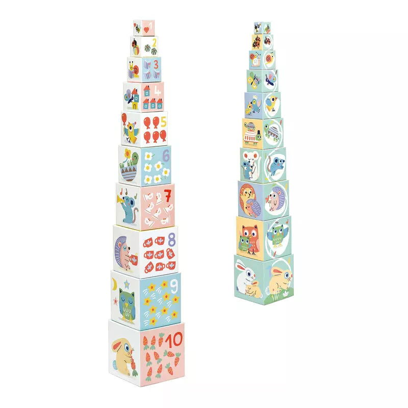 A tall tower of Djeco BabyBlocki blocks with animals on them.