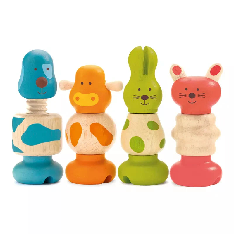 A group of Djeco Vis-Animo wooden toys sitting next to each other.