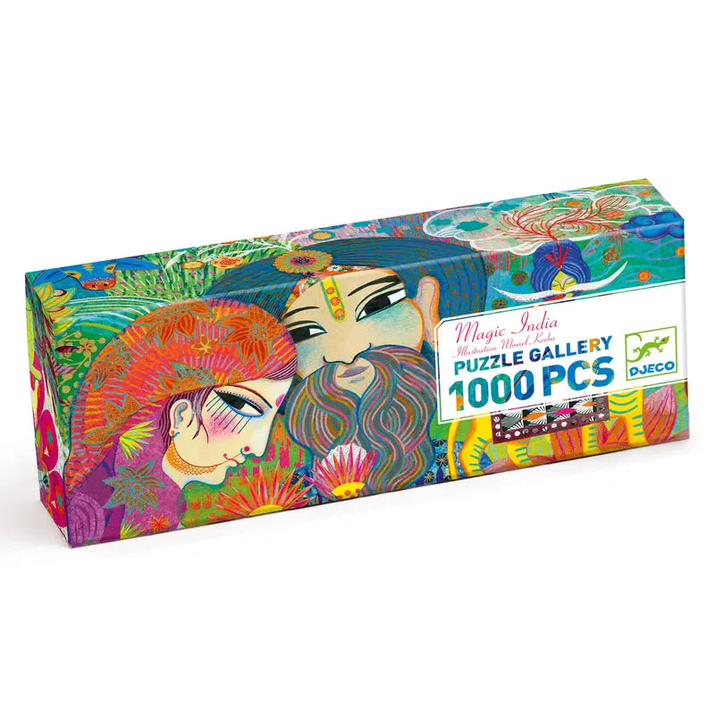 Explore the vivid colors and cultural richness of India with Djeco Gallery Puzzles Magic India. This 1000-piece puzzle features detailed, stylized depictions of people embellished in intricate patterns and foliage, all presented on a lively, multicolored backdrop.