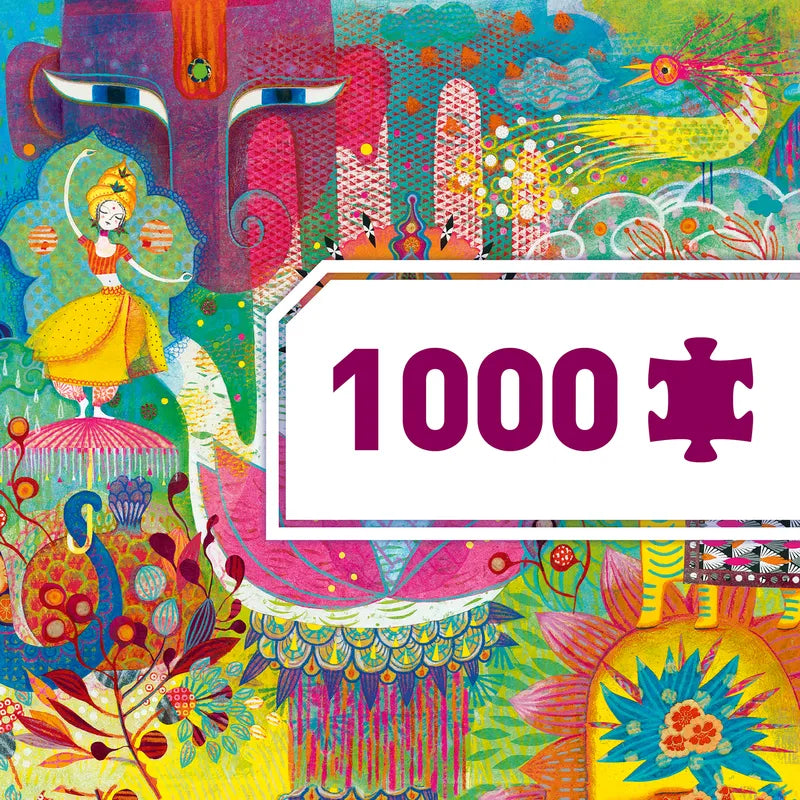 Introducing the Djeco Gallery Puzzles Magic India: a colorful puzzle box illustration showcasing abstract, vibrant floral motifs and a dancing figure, inspired by the lively colors and customs of India. Prominently featuring "1000" in large text with a puzzle piece icon, this captivating set offers an exciting 1000-piece puzzle adventure.