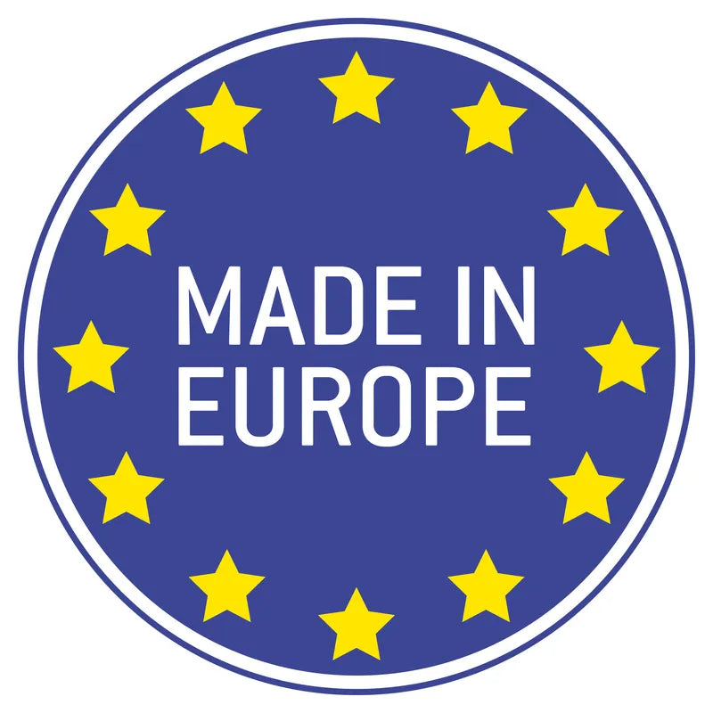 A Djeco Gallery Puzzles Magic India, featuring a design of blue circular badge with the text "MADE IN EUROPE" in white, encircled by twelve yellow stars, reminiscent of a 1000-piece puzzle celebrating the vibrant colors and customs of India.