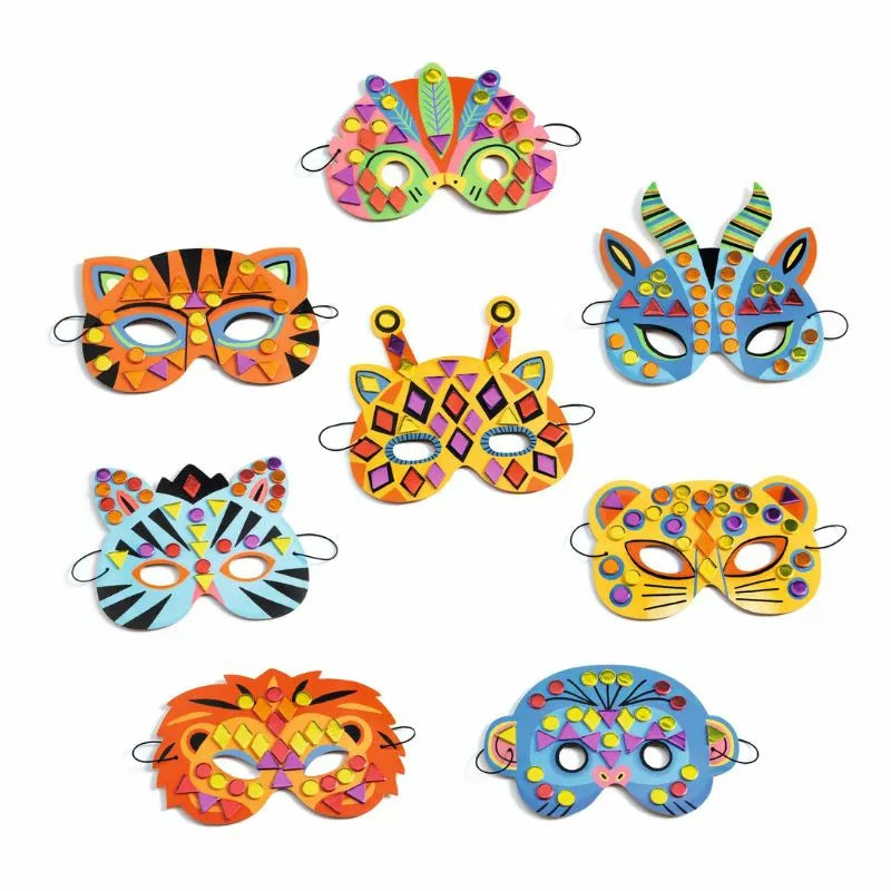 A collection of Djeco DIY jungle animal masks for kids to use in puppet shows.