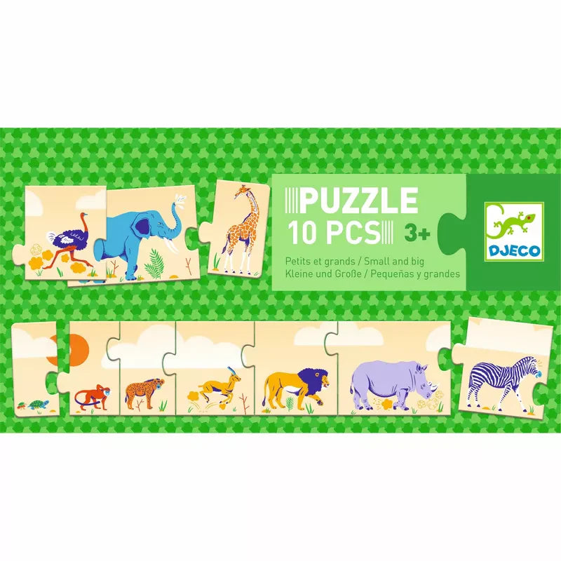 A picture of a Djeco Puzzle Small and Big with animals on it.