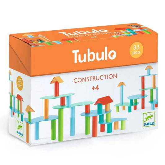 The Djeco Construction Tubulo set, featuring 33 pieces, comes in a colorful box with an orange top. Images of creative structures highlight imagination. Ideal for ages 4+, it enhances dexterity and balance in young builders.