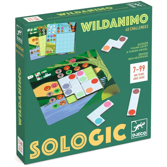 The Djeco Sologic Wildanimo game comes in a box featuring vibrant animal illustrations and game pieces, ideal for discovering the territories of wild animals. Designed for ages 7 to 99, this Sudoku-inspired game offers 40 challenges that gradually become more difficult.