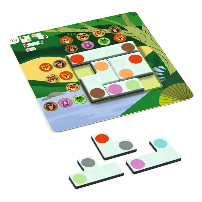 The Djeco Sologic Wildanimo is a lively board game that showcases a jungle backdrop and features animal tokens representing wild animal territories. Its main grid includes colored circles reminiscent of Sudoku, while the Tetris-like pieces introduce escalating challenges as they are positioned on the board. Extra pieces are conveniently placed close at hand.