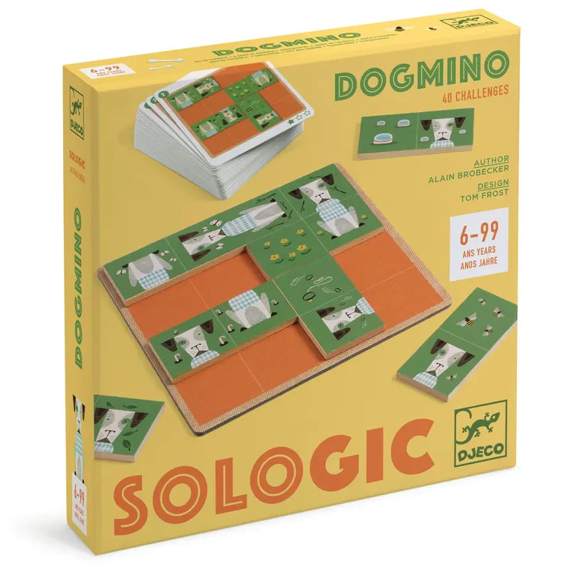 Box of "Djeco Sologic Dogmino," featuring a dominoes game with a dog theme suitable for ages 6-99. The yellow box is decorated with illustrations of wooden domino tiles and a challenge card, and it includes information about the author, Alain Brobecker, and designer, Tom Frost.