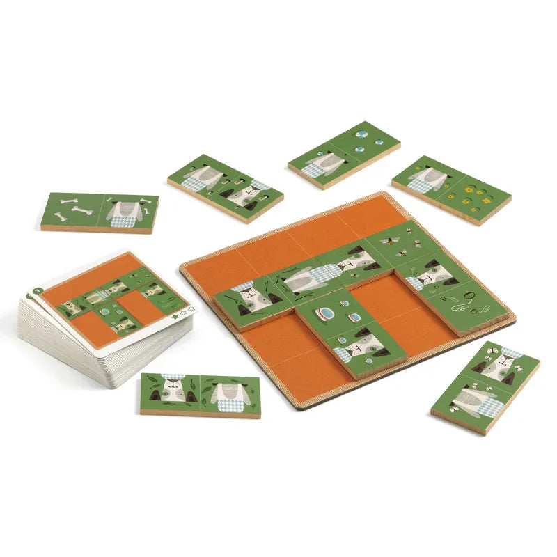 The Djeco Sologic Dogmino is a board game with a square orange board decorated with green tiles displaying rabbits and objects, resembling wooden domino pieces. Alongside the board is a stack of cards that introduces logic challenges as some tiles are partially positioned on the board.