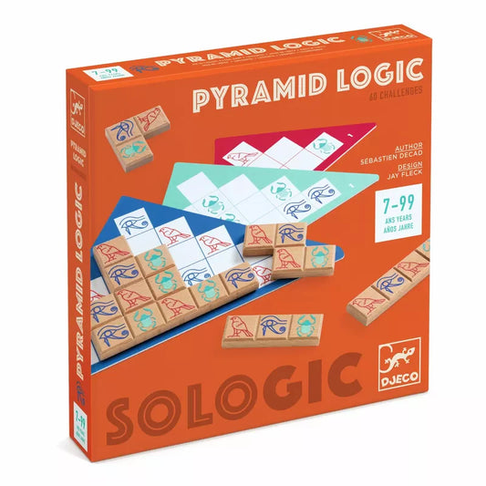 The Djeco Sologic Pyramid Logic game provides an engaging experience with 40 challenges influenced by Egyptian pyramids, designed for players aged 7 to 99. Its vibrant packaging features a colorful grid and wooden tiles decorated with animal symbols.