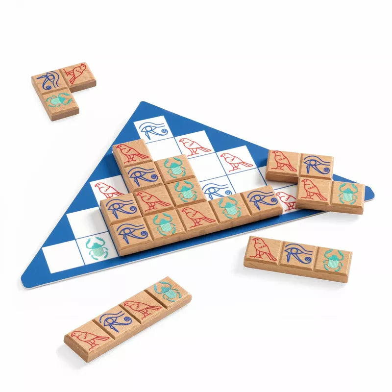 Explore the Djeco Sologic Pyramid Logic: a captivating puzzle game with a striking blue and white triangular board featuring wooden tiles. Scatter them to uncover red birds, blue eyes, and green hands while tackling challenges inspired by Egyptian pyramids.