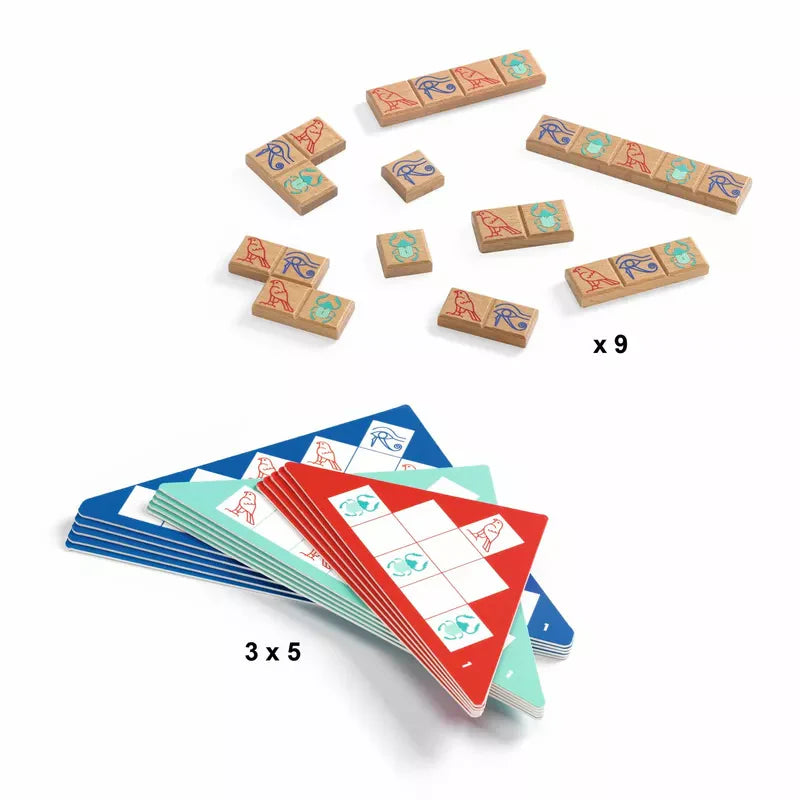 Image of the Djeco Sologic Pyramid Logic toy featuring a set of wooden tiles with red and blue animal symbols, and a stack of vibrant game cards, arranged in a grid format. This engaging logic game includes 9 tiles and 15 cards (3 stacks of 5), reminiscent of the strategic nature found in Egyptian pyramids.