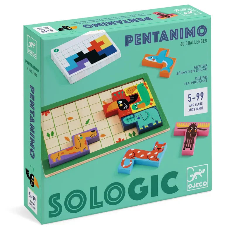 Discover the vibrant packaging of the Djeco Sologic Pentanimo, an animal puzzle game that includes intricately illustrated animal-themed pentomino pieces and a game board. With four levels of difficulty and 60 engaging challenges, this game is designed to enhance deduction skills, making it suitable for ages 5 to 99.