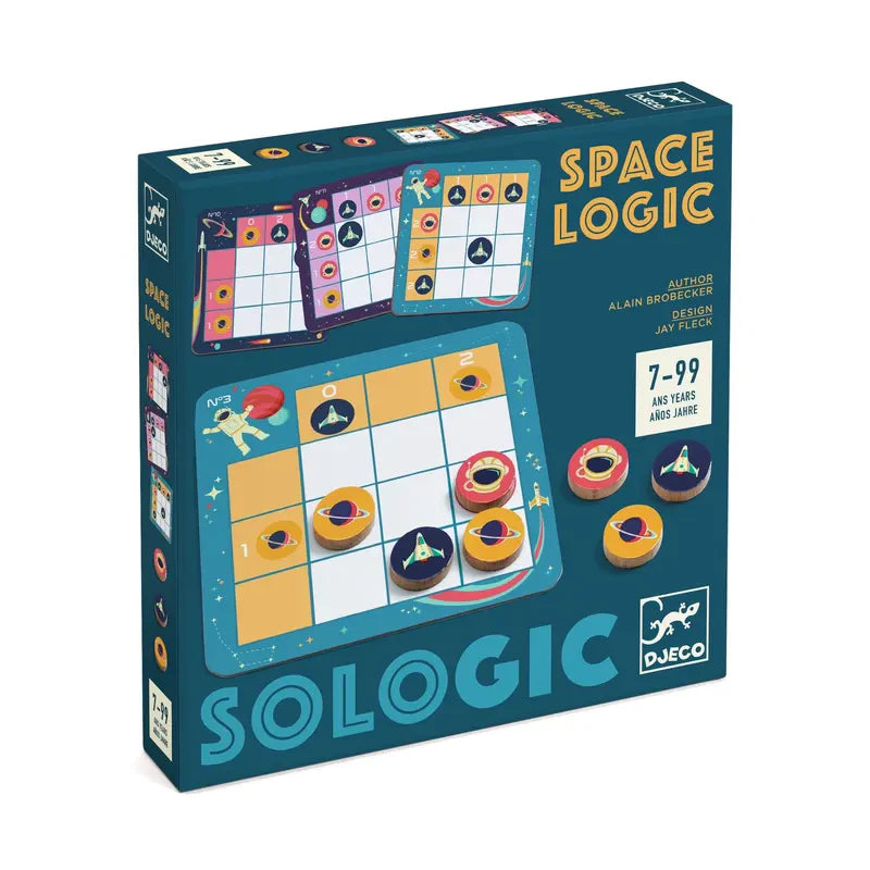 Box for the "Djeco Sologic Space Logic" board game, showcasing an illustrated space theme. The cover displays a grid-based logic puzzle similar to Sudoku and is designed for players aged 7 to 99.