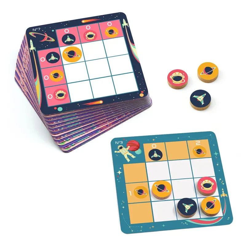 Stack of vibrant Djeco Sologic Space Logic game cards featuring a space theme with grids and Sudoku-based puzzles, alongside illustrations of astronauts, rockets, and planets. Some cards are in the foreground adorned with discs. Perfect for fans of single-player logic games.