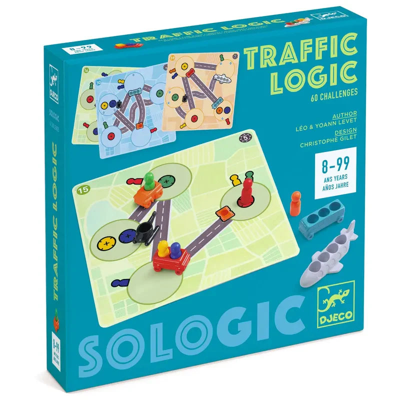 Box of the board game "Djeco Sologic Traffic Logic," showcasing vibrant illustrations of traffic scenes and engaging puzzle challenges. This captivating logic game is designed for ages 8 to 99, featuring challenge cards and a 3D car with road pieces prominently displayed on the box design.