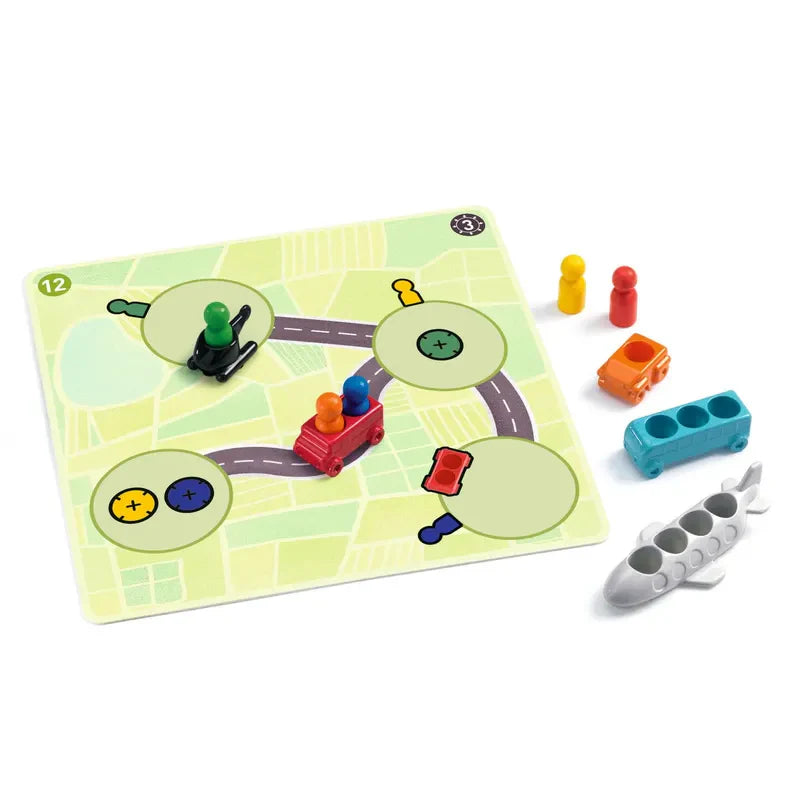 Djeco Sologic Traffic Logic is a board game that features a green path with round spaces and includes colored pegs. Players navigate using small vehicles, such as a red train and a blue bus. Challenge cards introduce varying levels of difficulty while utilizing the gray airplane with passenger slots, as well as the yellow and orange cars.