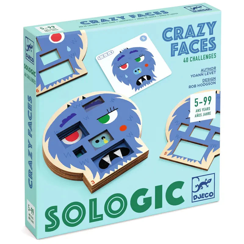 Box of "Djeco Sologic Crazy Faces" designed by Rob Hodgson and Yoann Levet, featuring a blue monster face with cutout challenges. This pocket-format game is crafted to hone observation and deduction skills with colorful puzzle pieces of increasing difficulty, suitable for ages 5-99, allowing you to create expressive faces.