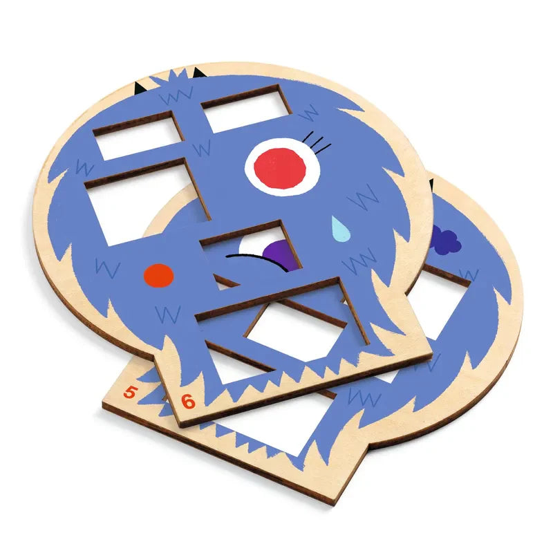 The Djeco Sologic Crazy Faces pocket-format game includes wooden puzzle pieces shaped like a blue monster with cut-out slots and decorated with red and purple spots, a red nose, and a blue teardrop. The numbered pieces help develop observation and deduction skills as challenges grow more complex.