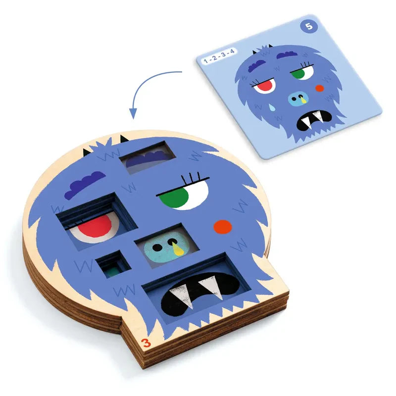 This pocket-sized game, Djeco Sologic Crazy Faces, is a layered puzzle showcasing a blue monster face with different expressions and features. Created to improve observation and deduction skills, the puzzle pieces are stacked on a wooden base, with a reference card displaying the complete monster face at various difficulty levels.